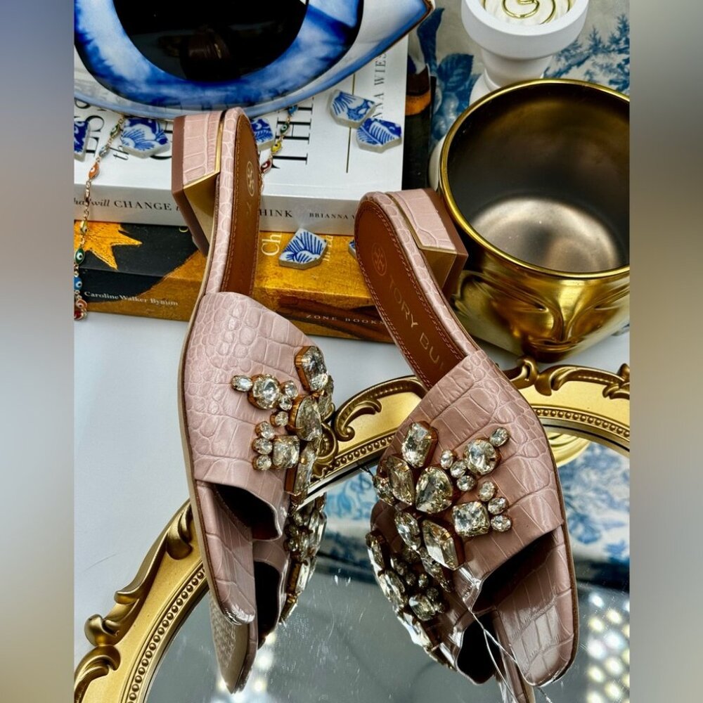 🆕 TORY BURCH 🧿 NWOT Martine 25mm Slides, Pink Croc Embossed Crystal Embellish - Picture 10 of 15
